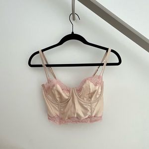 Victoria's Secret Vintage beige satin & pink lace bustier corset bra 34D
